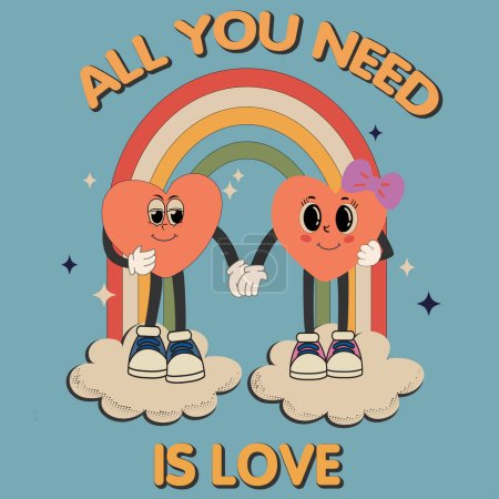  Groovy retro card poster for Valentine's day. Heart Perfect couple. Heart character. All you need is Love. Retro doodle cartoon style.Hippy 60s, 70s style. Flower power