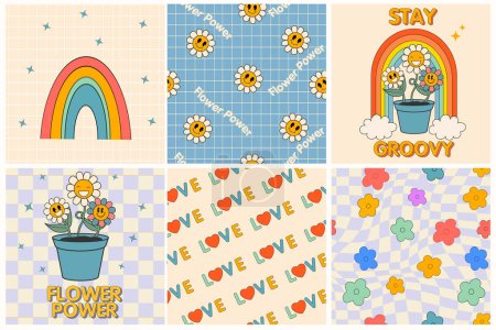Illustration for Groovy hippie 70s posters. Funny cartoon flower, rainbow, love, daisy etc. Vector cards in trendy retro psychedelic cartoon style. Vector backgrounds. Flower power. Stay groovy. Good vibes - Royalty Free Image