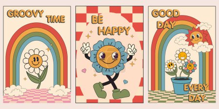 Illustration for Collection of 70s wall art background vector. Set of retro wall decoration, groovy, smile flowers, fonts, heart. Vintage hippie poster for interior, decorative, banner, cover, wall design. - Royalty Free Image