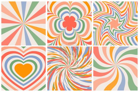 Ilustración de Set de fondos cuadrados en estilo retro 70s, 80s. Diseño psicodélico abstracto hippie Groovy. Groovy hippie setenta fondos. Ilustración vectorial - Imagen libre de derechos