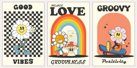 Groovy hippie 70s posters with positive quotes. Groovy flower cartoon characters. Funny happy daisy with eyes and smile. Isolated vector illustration. Hippie 60s, 70s style. Vector