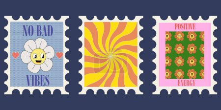 Illustration for Retro Postage Stamps. Cool Trendy Patches Collection. Hippie Print Illustration. Vector illustration - Royalty Free Image