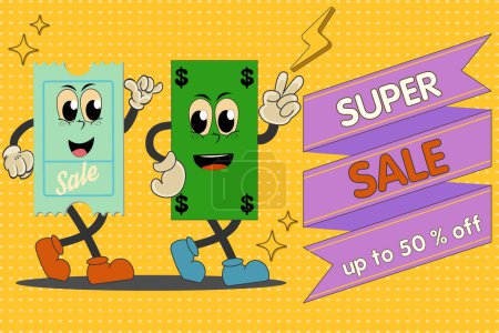 Illustration for Sale banner, retro groovy discount coupon character with dollar character super sale. Vector pop art background with halftone, abstract geometric shapes. For business, advertising, poster. Vector - Royalty Free Image
