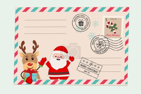 Template of an old Christmas envelope with a picture of Santa Claus and holiday deer. Retro style Christmas card with rubber seal, stamp. Merry Christmas card. Winter Holiday Vintage Greeting Card.