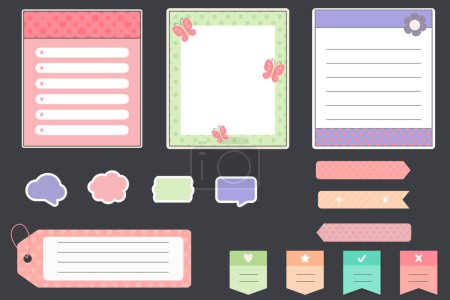 Illustration for Various paper notes on stickers. Information board with blank paper notes for reminders, to-do list, planner, schedule. hand drawn vector illustration. cartoon style. Vector illustration - Royalty Free Image