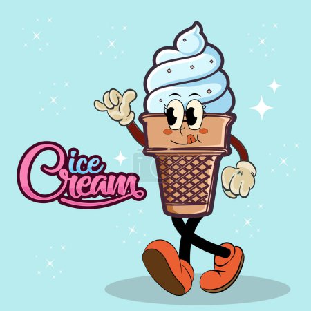 Illustration for Groovy funny ice cream in retro cartoon style.  Branding mascot for cafe.  Vector cute illustrstion ice cream for poster, tshirt design or mascot logo - Royalty Free Image