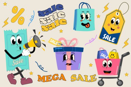Illustration for Trendy groovy sale promo characters of voucher, sale label, gift box, shop bags and bubble lettering Mega Sale. For business, advertising, poster. Isolated vector - Royalty Free Image