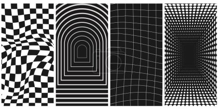 Set of distorted vertical grid pattern and checkerboard pattern. Y2K Retrowave shapes, rave, vaporwave. White trendy shapes. Trendy retro 1980s, 90s, style. Print, poster, banner.