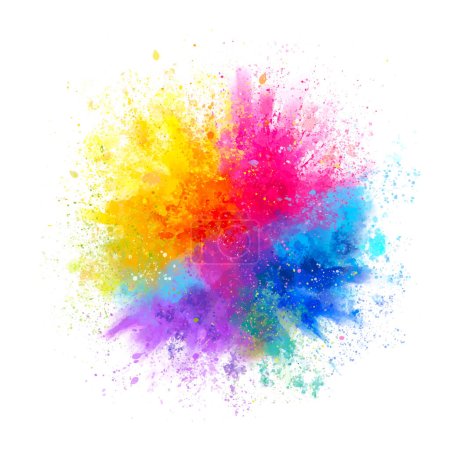 Splash of colorful powder over white background. Vibrant color dust particles textured background.