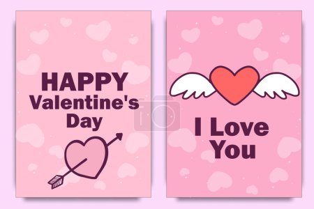 Illustration for Set of Happy Valentines Day poster, greeting cards. Set invitation, posters, brochure, voucher, banners with clouds, bird, hot air balloon, hearts. - Royalty Free Image