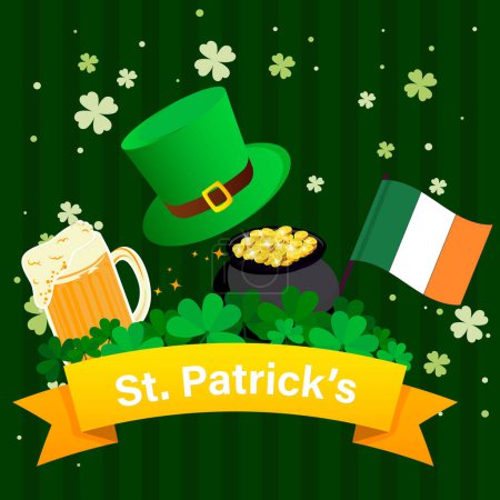 Téléchargez les illustrations : Saint Patrick. Chapeau de leprechaun de jour de St. Patricks, verres à bière et pot de trésors festifs d'or, drapeau irlandais. Vacances en Irlande - en licence libre de droit