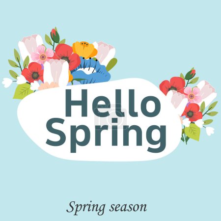 Illustration for Hello spring vector greetings design. Spring text with colorful flower elements in blue background for spring season. For template, banners, wallpaper, flyers, invitation, posters, brochure, voucher - Royalty Free Image