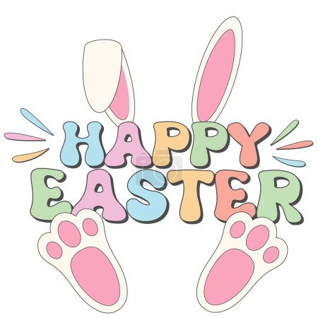 Illustration for Groovy Happy Easter retro poster. Funny Easter Ears, Easter Egg Hunt. Cute seated mascot with bunny ears. The concept of a spring holiday in a cartoon style of the 60s in the retro style of the 70s. - Royalty Free Image