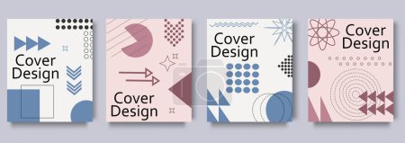 Illustration for Geometric cover brochure set in flat design. Poster templates with abstract simple minimal forms of squares, circles, arrows, dots and halftone prints, curves and lines. Vector illustration - Royalty Free Image