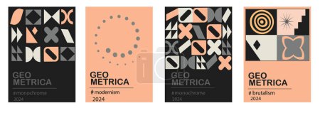 Illustration for Set of modernist abstract geometric posters in fashionable Color 2024 Peach Fuzz with trendy minimalist isolated shapes. Swiss style and brutalism, for posters, covers, prints, banners, layouts. - Royalty Free Image