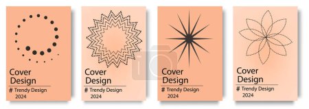 Illustration for Geometric cover brochure set in fashionable Color 2024 Peach Fuzz design. Poster templates with abstract simple minimal forms of squares, circles, arrows, dots and halftone prints, curves and lines. - Royalty Free Image