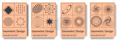 Illustration for Geometric cover brochure set in fashionable Color 2024 Peach Fuzz design. Poster templates with abstract simple minimal forms of squares, circles, arrows, dots and halftone prints, curves and lines - Royalty Free Image
