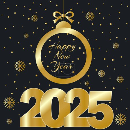 Téléchargez les illustrations : Bonne année 2025. nombre 2025 de papier doré coupé avec boule suspendue sur fond noir pour la célébration heureuse de nouvelle année. - en licence libre de droit