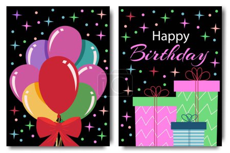 Téléchargez les illustrations : Joyeux anniversaire carte de vœux avec ballons et confettis et cadeau. Modèles artistiques abstraits de grunge universel. Pour affiche, carte de visite, invitation, flyer, bannière, en-tête e-mail - en licence libre de droit