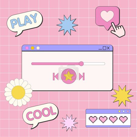Illustration for Music Template Social Media Stories. Retro Desktop with Frames, Playlist and Player Elements. 80s 90s old computer UI elements and vintage aesthetic icons. - Royalty Free Image