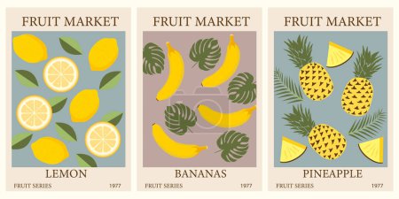Illustration for Set of abstract exotic Fruit Market retro posters. Trendy gallery wall art with bananas, lemon, pineapple fruits. Modern naive groovy funky interior decorations, paintings. Vector art illustration - Royalty Free Image