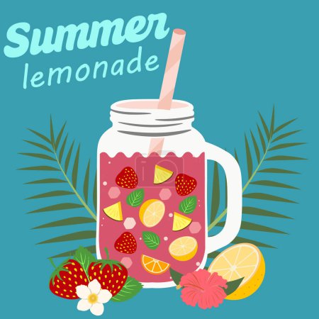 Illustration for Summer lemonade. Glass jar with lemonade on aquamarine background with lemon, orange,strawberry, ice cube and leaves. Summer drink - Royalty Free Image