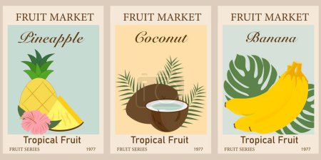 Illustration for Retro abstract Fruit Market posters. Trendy gallery wall art with exotic fruit coconut, banana, pineapple. Modern naive groovy funky interior decorations, paintings. Vector art illustration - Royalty Free Image
