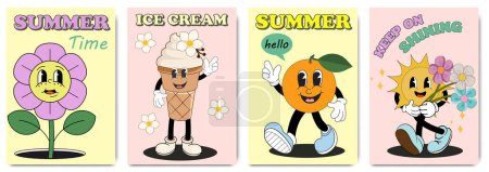 Illustration for Set of summer greeting cards, posters or backgrounds in funky groovy style. Cartoon summer 60s, 70s vector illustrations with Ice cream, Orange, Daisy, The sun character. Retro hippie design - Royalty Free Image