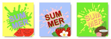 Téléchargez les illustrations : Set d'affiches d'été. Texte d'été avec peinture abstraite élément éclaboussure en arrière-plan coloré pour la conception des vacances saisonnières. Peinture colorée pour décoration murale, intérieur, fond, couverture, bannière - en licence libre de droit