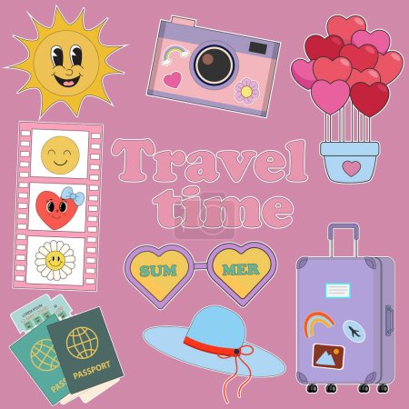 Illustration for Travel set. Traveling collection accessories. Set of cute vector summer stickers for daily planner. Collection of scrapbooking elements - Royalty Free Image