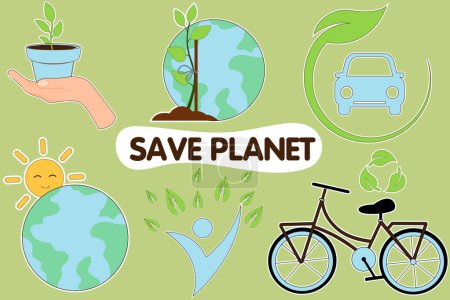 Ilustración de Conjunto de pegatinas ecológicas para el Día de la Tierra. El concepto de ecología sostenible para el Día de la Tierra y el Día Mundial del Medio Ambiente - Imagen libre de derechos