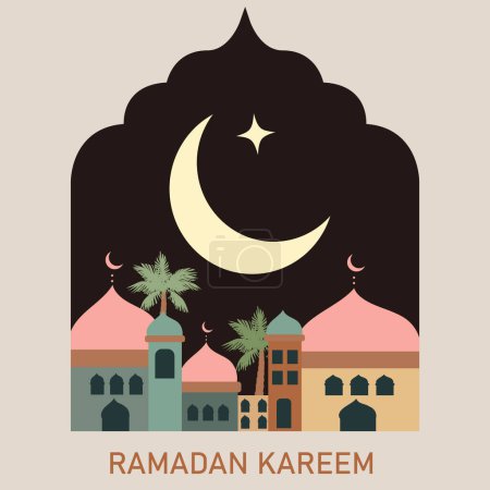 Ramadan Kareem Vektorillustration im flachen geometrischen Design für Poster, Grußkarten, Banner und Cover. Modernes Kunstdesign mit Mustern der schönen arabischen Altstadt vor dem Hintergrund