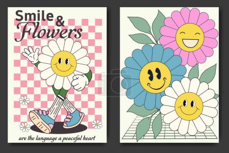 Illustration for Groovy 70s posters with a cute flower cartoon character. Comic characters in trendy retro 60s 70s style. 70s retro inspirational poster with vintage groovy typography with daisy flowers, smiley face - Royalty Free Image