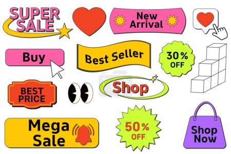 Illustration for Set of trendy sale stickers and elements for business. Graphic shapes for a store sale, online promotion, social media posts, UI UX design. Modern Y2K vector elements with editable stroke - Royalty Free Image