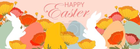 Illustration for Happy Easter banner. Trendy and bright Easter design  with eggs, easter bunny and spring flowers in pastel colors. Modern art style. Horizontal poster, greeting card, web header - Royalty Free Image