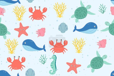Colorful seamless pattern with sea animals. Trendy pattern of seashells for wrapping paper, wallpaper, stickers, notebook cover.