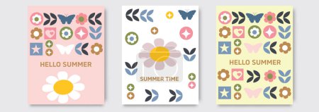 Illustration for Set of trendy minimal Summer posters with beautiful flowers and modern typography. Floral background, cover, sale banner, card, flyer design. Template for advertising, web, social media - Royalty Free Image