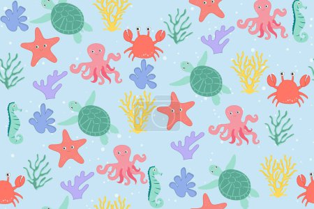 Patrón inconsútil colorido con animales marinos. Patrón de dibujos animados de moda de conchas marinas para papel de envolver, papel pintado, pegatinas, portada de cuaderno.