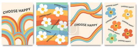 Retro colorful rainbow doodle cartoon illustration set with happy inspiration quote and flower daisy. Trendy vintage hippie art style background collection. Curvy pastel color Y2K fashion print.