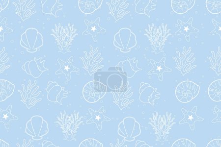 Sea shells seamless pattern. Summer marine animal background set. Vacation travel concept. Trendy pattern of seashells for wrapping paper, wallpaper, stickers, notebook cover.