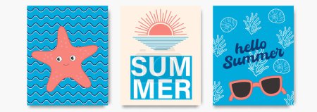 Niedliches minimalistisches Sommerposter, Cover, Kartenset mit niedlichem Seestern-Charakter, Sonne, Sonnenbrille im Meer, Felder und Typografie-Design. Sommerurlaub, Reise, Urlaubsreise