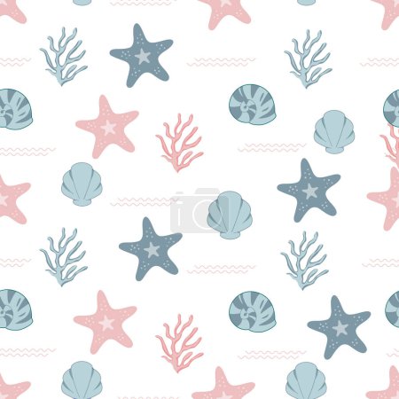 Patrón de estrellas de mar sin costuras de verano. Patrón inconsútil colorido con conchas marinas. Patrón de dibujos animados de moda de conchas marinas para papel de envolver, papel pintado, pegatinas, portada de cuaderno.