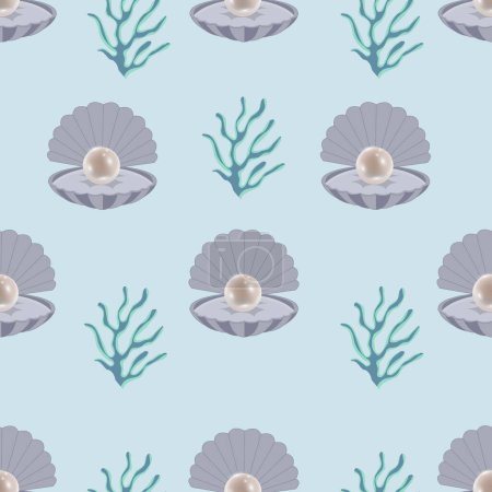 Seamless pattern with pearl shell. Colorful seamless pattern with sea shells. Trendy cartoon pattern of pearl shells for wrapping paper, wallpaper, stickers, notebook cover.