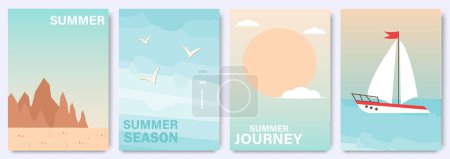 Abstraktes minimalistisches Sommerposter, Cover, Kartenset mit Naturlandschaft, Sonne, Flugzeug in den Wolken, Jacht im Meer, Felder und Typografie-Design. Sommerurlaub, Reise, Urlaubsreise
