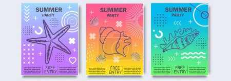 Illustration for Colorful summer poster set in geometric style. Disco light neon art. Memphis prism trendy element on color background. Summer holidays, journey, vacation travel illustrations - Royalty Free Image