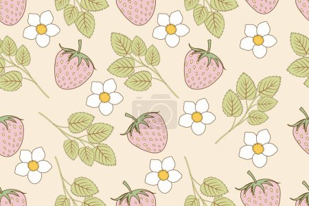 Illustration for Abstract contemporary seamless patterns with daisy flower and strawberry. Aesthetic backgrounds, wallpapers set, modern minimalist decoration, pink and green colors - Royalty Free Image