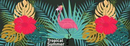 Illustration for Summer tropical nature poster, web banner, cover, card with Tropical leaves, plants and flamingo. Vector modern floral illustrations print, palm leaf, monstera, fern, for background, label or banner - Royalty Free Image