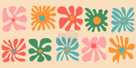Colorful retro flowers set. Vintage style hippie floral clipart element design collection. Hand drawn nature collage, spring season drawing bundle with daisy flowers.