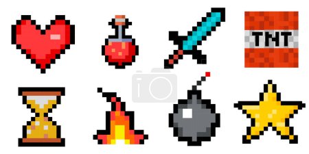 8-bit pixel game graphics set. Potion bottles, fire flame, sword, torch, emerald and heart. Objects for a pixel game. The concept of games background. Minecraft concept. Vector illustration