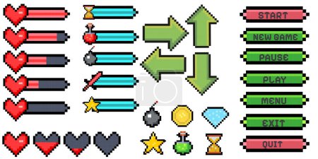 Pixel game menu resources, level, live bars and buttons. Game interface, pixelated life bar and menu button, game controller arrows, pixel art gaming magic items, button 8 bit pixel